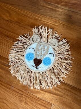 Baby Boy Lion Face Wall Hanging - Neutral & Light Blue, straw & crochet